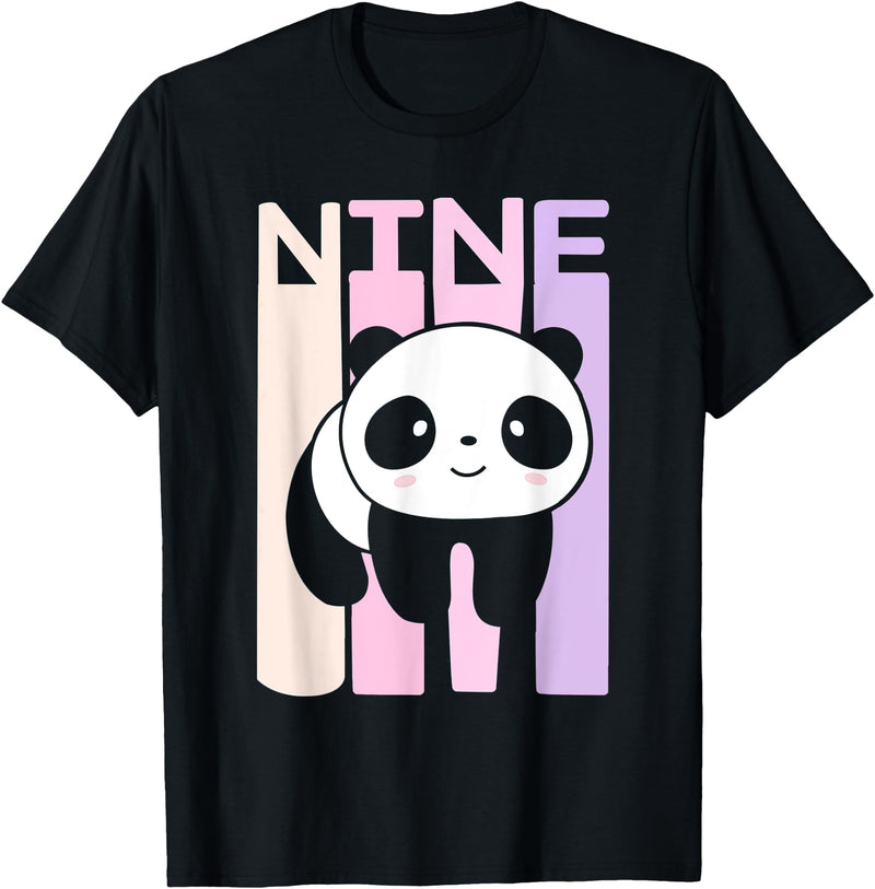 Kids 9 Year Old Cute Panda Bear Birthday Decoration Party T-Shirt - Black