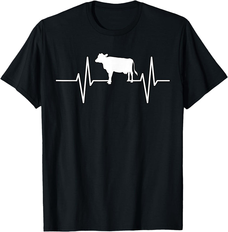 Animal Funny Farmer Farmers Gift Cow Cattle Beef Heartbeat Funny T-Shirt - Black