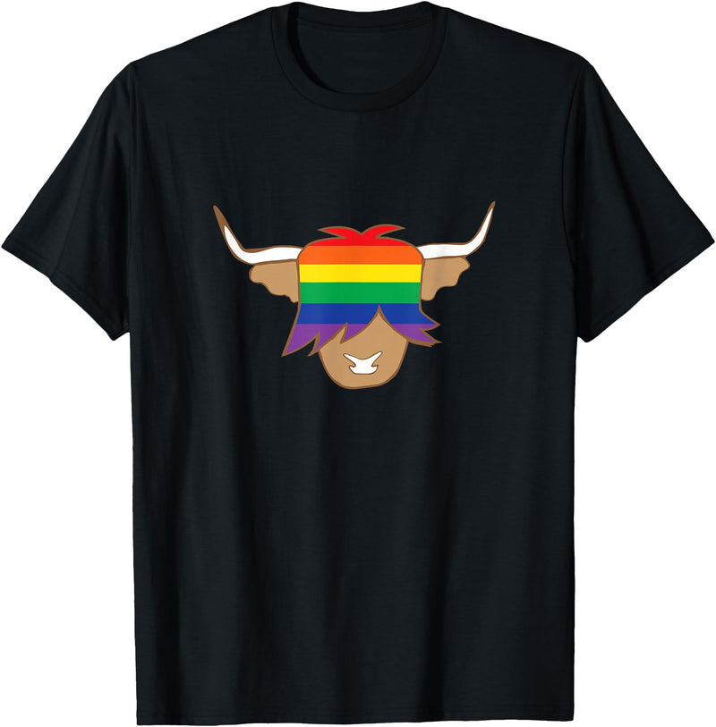 Ayeland co Cute Gay Pride Shirt LGBT flag scottish highland cow t shirt T-Shirt - Black