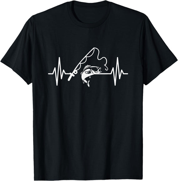 Fisherman Angler Fishing Gifts Angler Heartbeat Fishing Rod Fisherman T-Shirt - Black