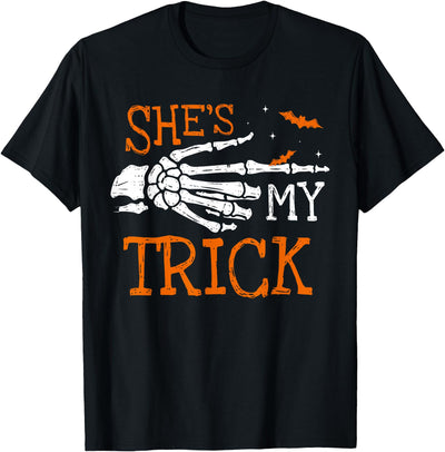Halloween Costume for Men Women Kids Boys Girls She's My Trick Skeleton Matching Couple Halloween Costume T-Shirt