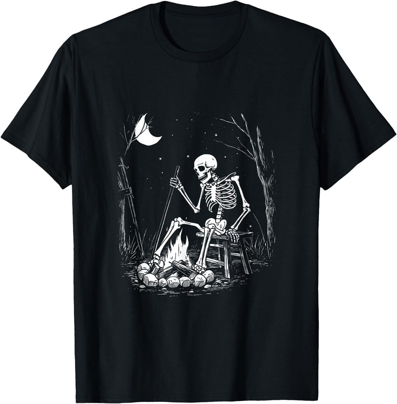 RetroPop Vintage Gear Camping Skeleton Bones Halloween Forest Campfire Graphic T-Shirt - Black