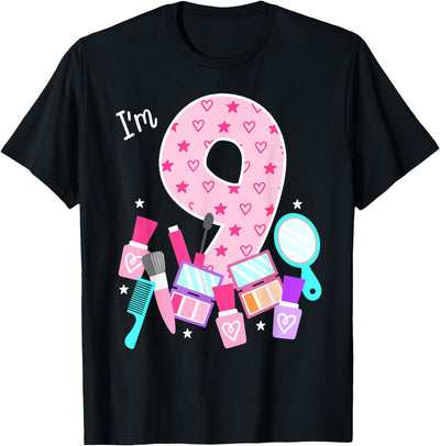 Birthday Girl Spa Squad Outfit Gifts Shop Spa Birthday Party I'm 9 Girls Makeup 9th Bday Kids Toddlers T-Shirt