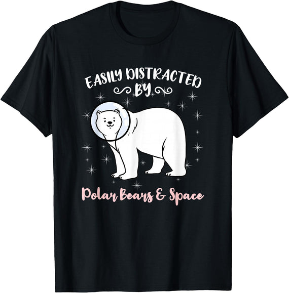 Hiking Lover Design Easily Distracted By Polar Bears and Space T-Shirt - Black
