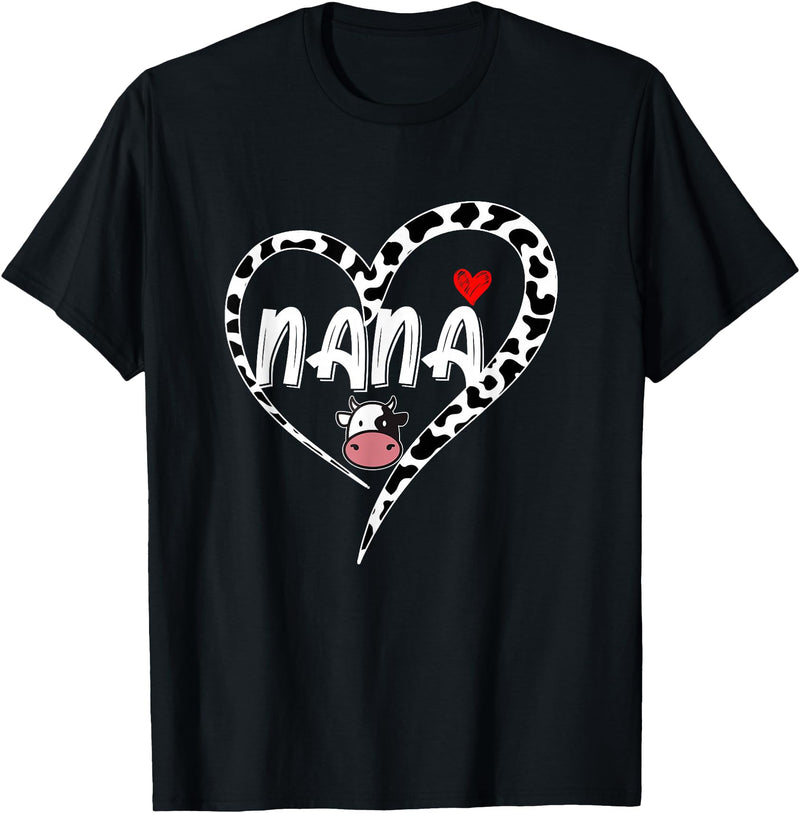 Black White Family Cow Farm Nana Cow Print Cow Heart Pattern Farmer Cows Mother's Day T-Shirt - Black