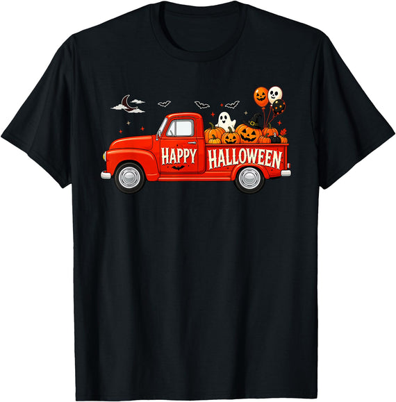 Spooky Harvest Cassic Pickup Truck Designs Classic Truck Happy Halloween Pumpkin Spooky Fall Farmhouse T-Shirt - Black