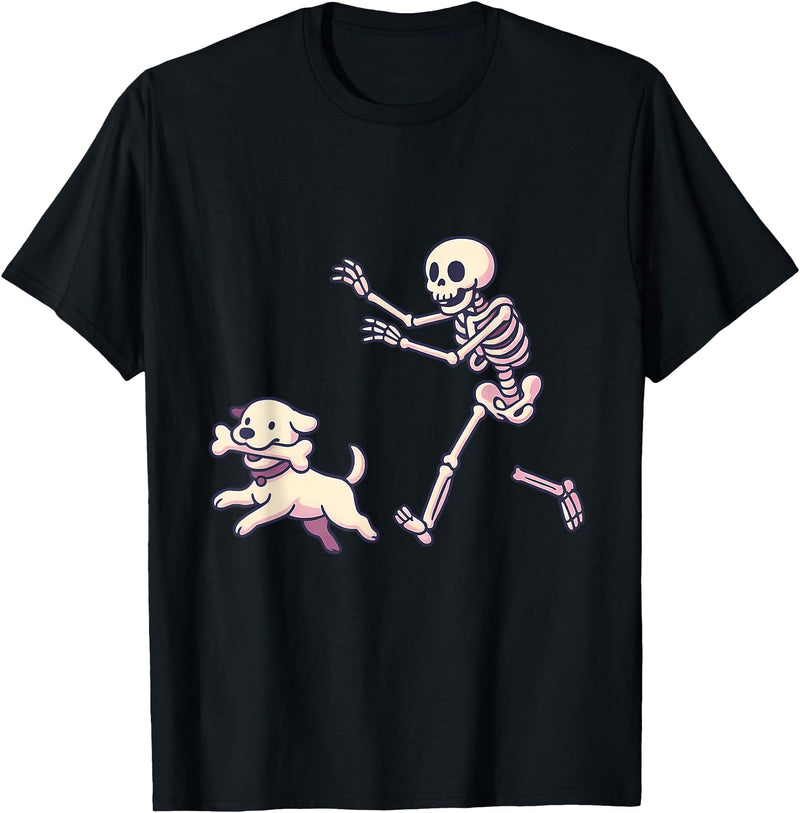 Funny Skeleton Dog Bone Halloween Kawaii Dog Steals Bone from Skeleton Running Halloween T-Shirt - Black