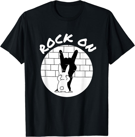 Funny Rock on Bunny Rabbit Shadow Puppet Rock N Roll Hand T-Shirt in Black