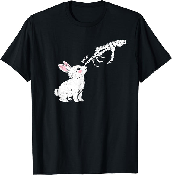 Cute Skeleton Hand Boop Bunny Rabbit Funny Easter Day T-Shirt in Black