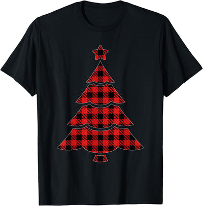 Cow Christmas Red Black Buffalo Plaid Tree T-Shirt