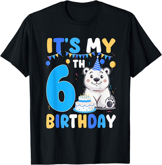 6th Birthday Polar Bear Lover Gift It's My 6th Birthday Polar Bear Themed Party 6 Year Old T-Shirt - Black