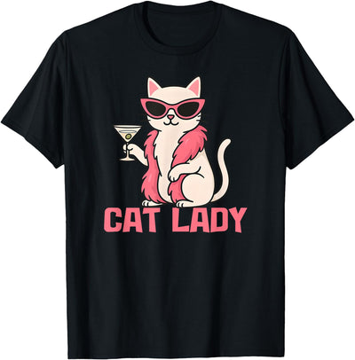 Cat Animal Illustration Tee for funny Cat Lover Cat Lady Design – Funny Glam-Cat with Sunglasses & Cocktail T-Shirt