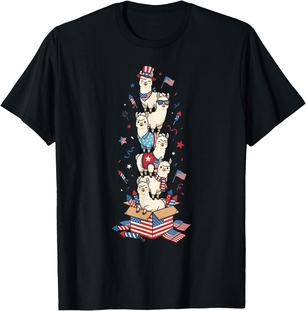 Llama Lovers USA Patriotic Outfits for Women Men Funny Llama American USA Flag Memorial Day 4th of July T-Shirt - Black