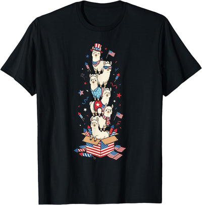 Llama Lovers USA Patriotic Outfits for Women Men Funny Llama American USA Flag Memorial Day 4th of July T-Shirt