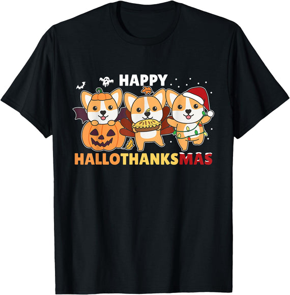 Funny Animals For The Holidays Corgi Christmas Halloween Costume Happy Hallothanksmas T-Shirt - Black