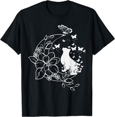 Cats by Fluffabulous Prints Cat with floral crescent and butterflies. T-Shirt