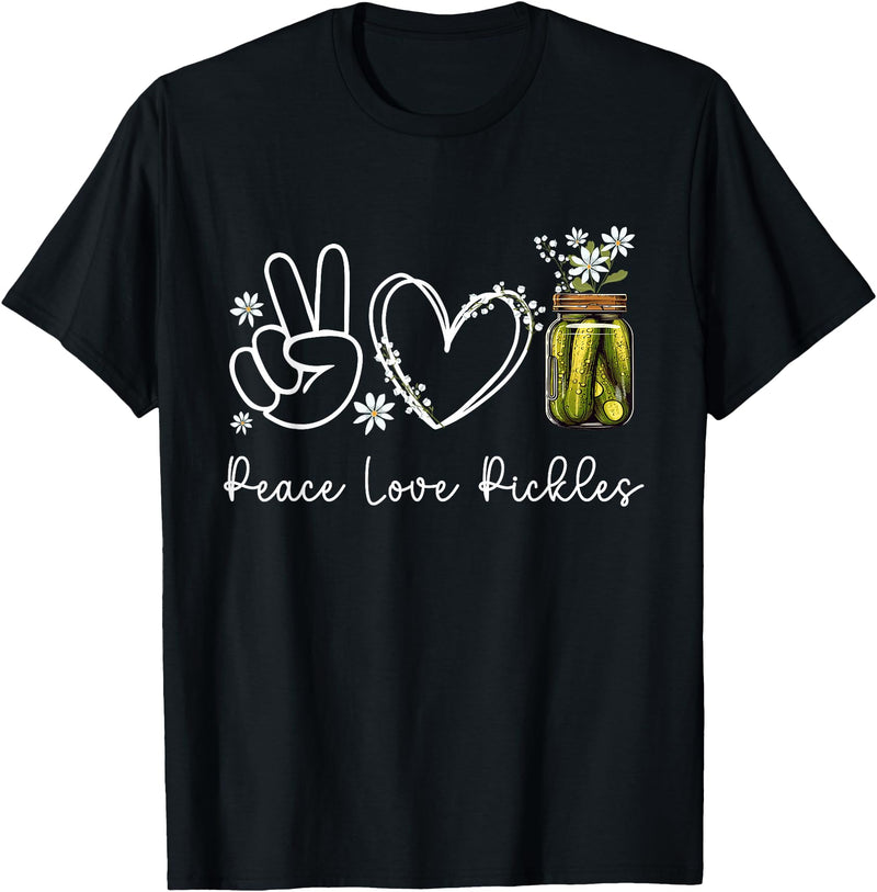 Cute Peace Love Pickles Wildflower Inspyrmyn Peace Love Pickle Wildflower Canning Season Pickle Jar Lover T-Shirt - Black
