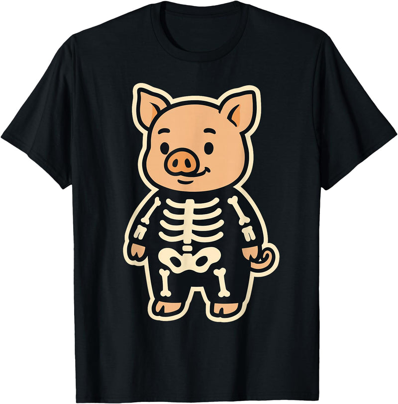 Spooky Cute Cartoon Animals in Halloween Outfits Funny Pig Skeleton Costume for Kids Boys Girls Halloween T-Shirt - Black