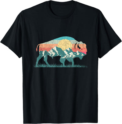 Cow Vintage National Park Bison Landscape Buffalo Retro Mountain T-Shirt