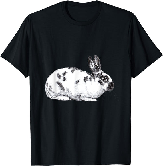 Cute English Spotted Bunny Rabbit Drawing T-Shirt in Black