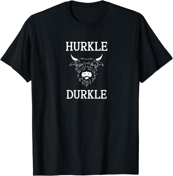 The Kilted Crow Hurkle Durkle Funny Scotland Highlands Cow Graphic T-Shirt - Black