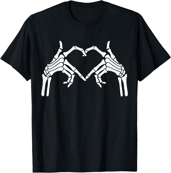 Skeleton Hand Halloween Trendy Novelty Graphic Art Skeleton Hands Heart Sign Halloween Tops T-Shirt - Black