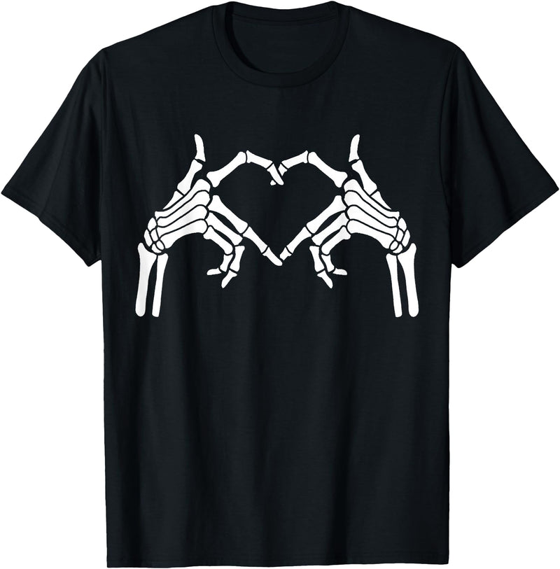 Skeleton Hand Halloween Trendy Novelty Graphic Art Skeleton Hands Heart Sign Halloween Tops T-Shirt - Black
