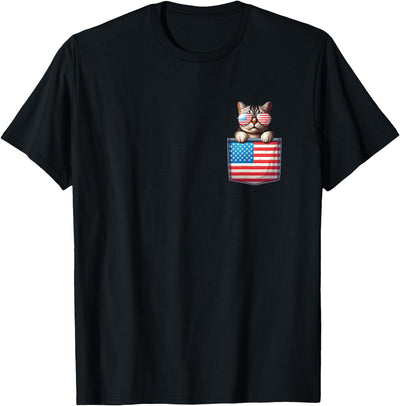 4th Of July Cat Lover Patriotic Men Women Kids Cat American Flag Pocket 4th Of July Patriotic Kitten Lover T-Shirt