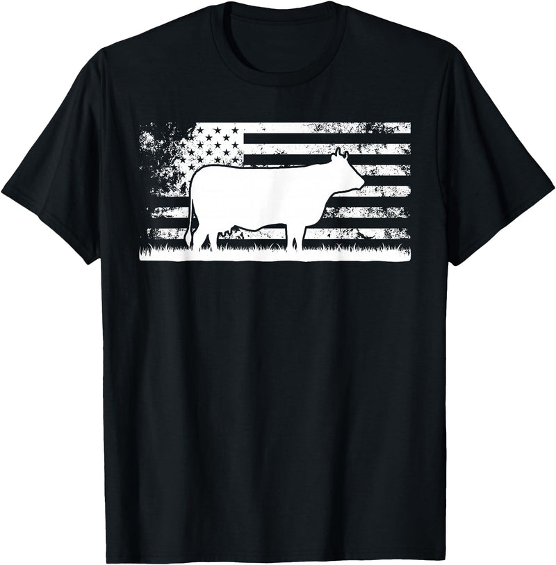 Funny Charolais Rancher Gift for Cattle Lover American Flag - American Cow Charolais Rancher T-Shirt - Black