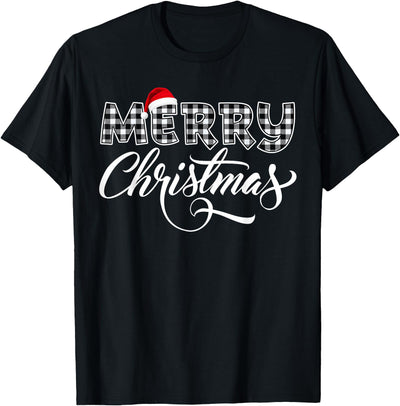 Cow Merry Christmas 2025 Buffalo Black and White Plaid T-Shirt