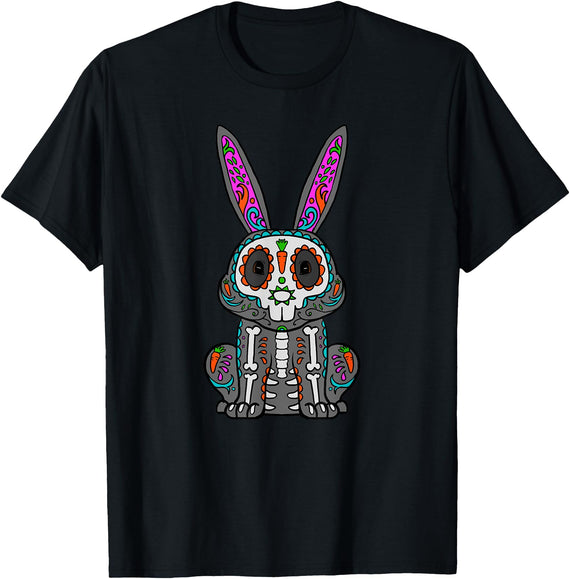Rabbit Day of Dead Mexican Bunny Lover Rabbit Sugar Skull T-Shirt in Black