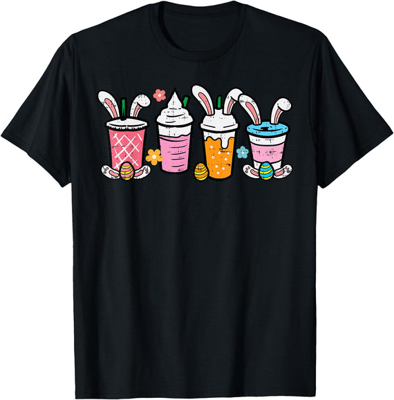 Easter Coffee Iced Latte Bunnies Cute Rabbit Men Women Kids T-Shirt in Black