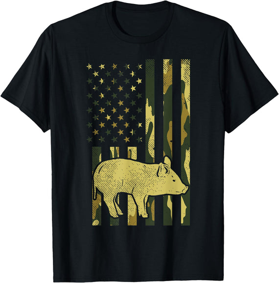 BoredKoalas Farming Farm Shirts Farmer Gifts Camo US Flag Pig Military Farm Animal Patriotic Farmer Gift T-Shirt - Black