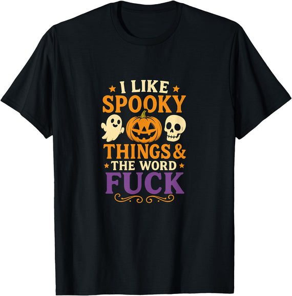 SpookyMood Threads I Like Spooky Things Funny Halloween Ghost Pumpkin Adult T-Shirt - Black