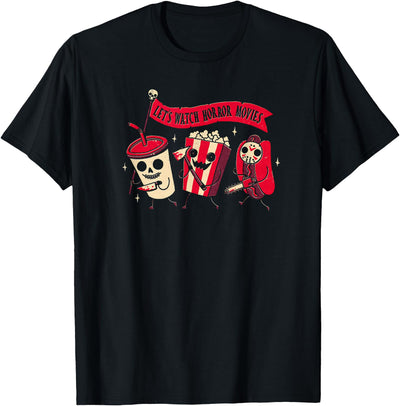 Movie Sausage Apparel Funny Halloween Let's Watch Horror Movies Snacks and Drinks T-Shirt