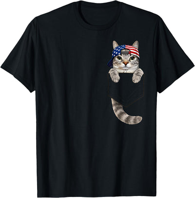 4th Of July Cat Patriotic Gift For Men Women Kids Cute Tabby Cat Pocket 4th July Patriotic 250 Anniversary USA T-Shirt