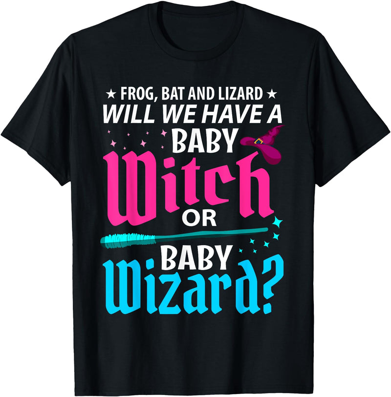 Halloween Gender Reveal Apparel Witch Or Wizard Gender Reveal Baby Shower Party Celebration T-Shirt - Black