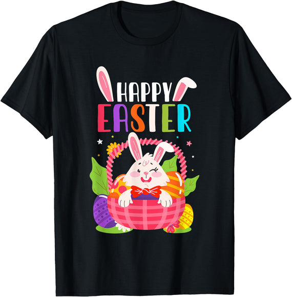Bunny Basket Eggs Rabbit Happy Easter for Women and Men T-Shirt in Black