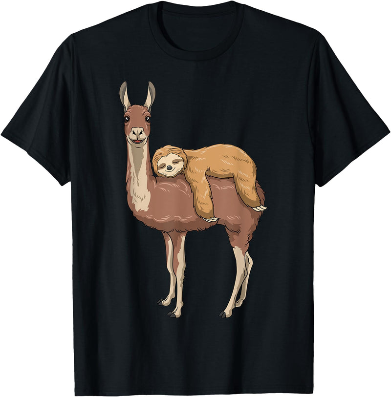 SubliminalFantasy Co. Sloth Llama Sloth Riding Llama Sloth Sleeping on Llama T-Shirt - Black
