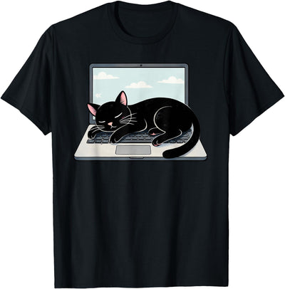 Funny Black Cat Lover Graphic Apparel Funny Black Cat Sleeping On Laptop Computer T-Shirt