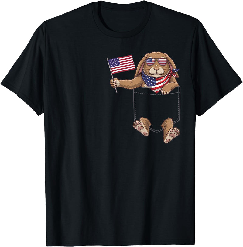 Rabbit Pocket Patriotic American Flag 4th of July USA T-Shirt in Black