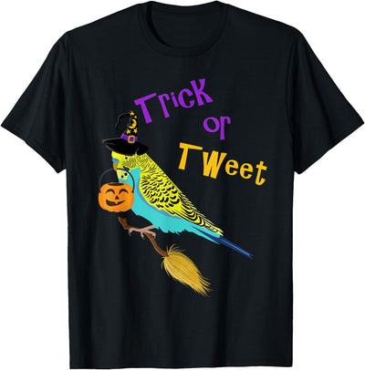 Bird Brained Halloween Trick or Tweet blue budgie cute graphic bird T-Shirt