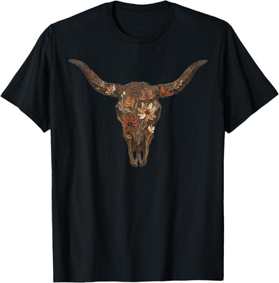 Floral Western Cow Skull Cowhide Rodeo T-Shirt