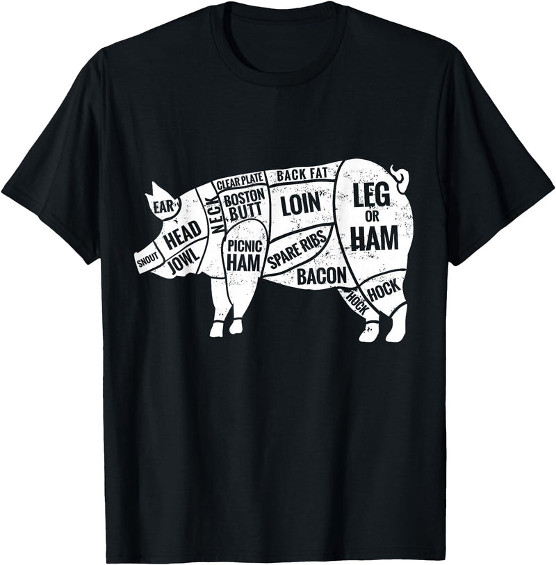 Pig Diagram T-Shirt | Butcher T-Shirts Pig and Pork Diagram Shirt, Butcher Shirt, Bacon Tee T-Shirt - Black