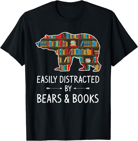 Cool Wild Bear Animal Funny Hunting Gift Designs Easily Distracted By Bears & Books Lover Gift Mammal Animal T-Shirt - Black