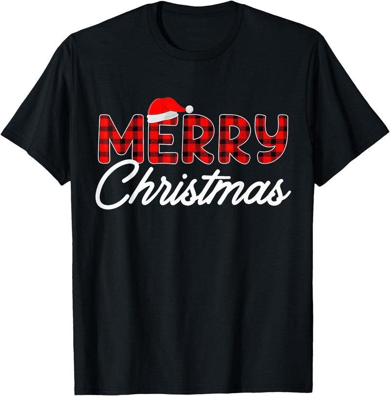 Merry Christmas Buffalo t -shir t Merry Christmas Buffalo Plaid Red Santa Hat Xmas Pajamas T-Shirt - Black