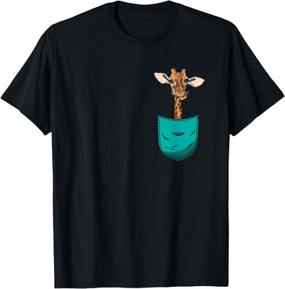 Pocket Giraffe T-Shirt - Black, Unisex-Adults, Small, Short Sleeve, Classic Fit, Modern Style, Animal Pattern, Crew Neck, Straight Hemline