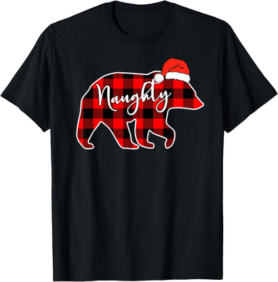 Naughty or Nice Christmas Couple Naughty Bear Red Plaid T-Shirt
