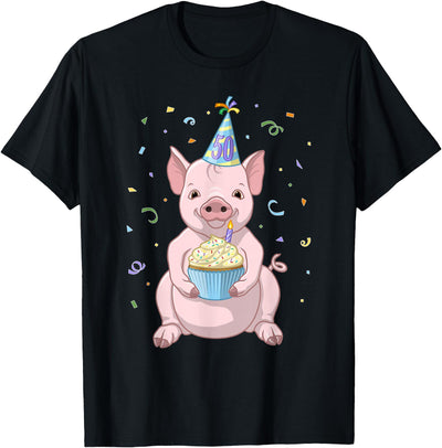 Cute Pink Pig Party Hat 50th Birthday Cupcake Gift T-Shirt
