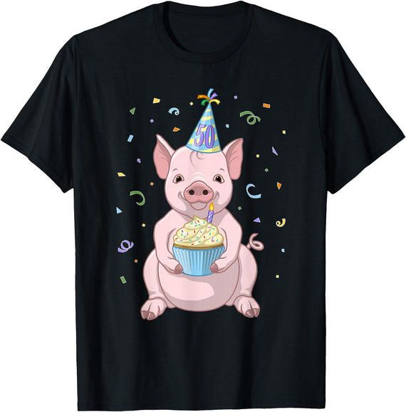 Funny Party Animals Cute Pink Pig Party Hat 50th Birthday Cupcake Gift T-Shirt - Black